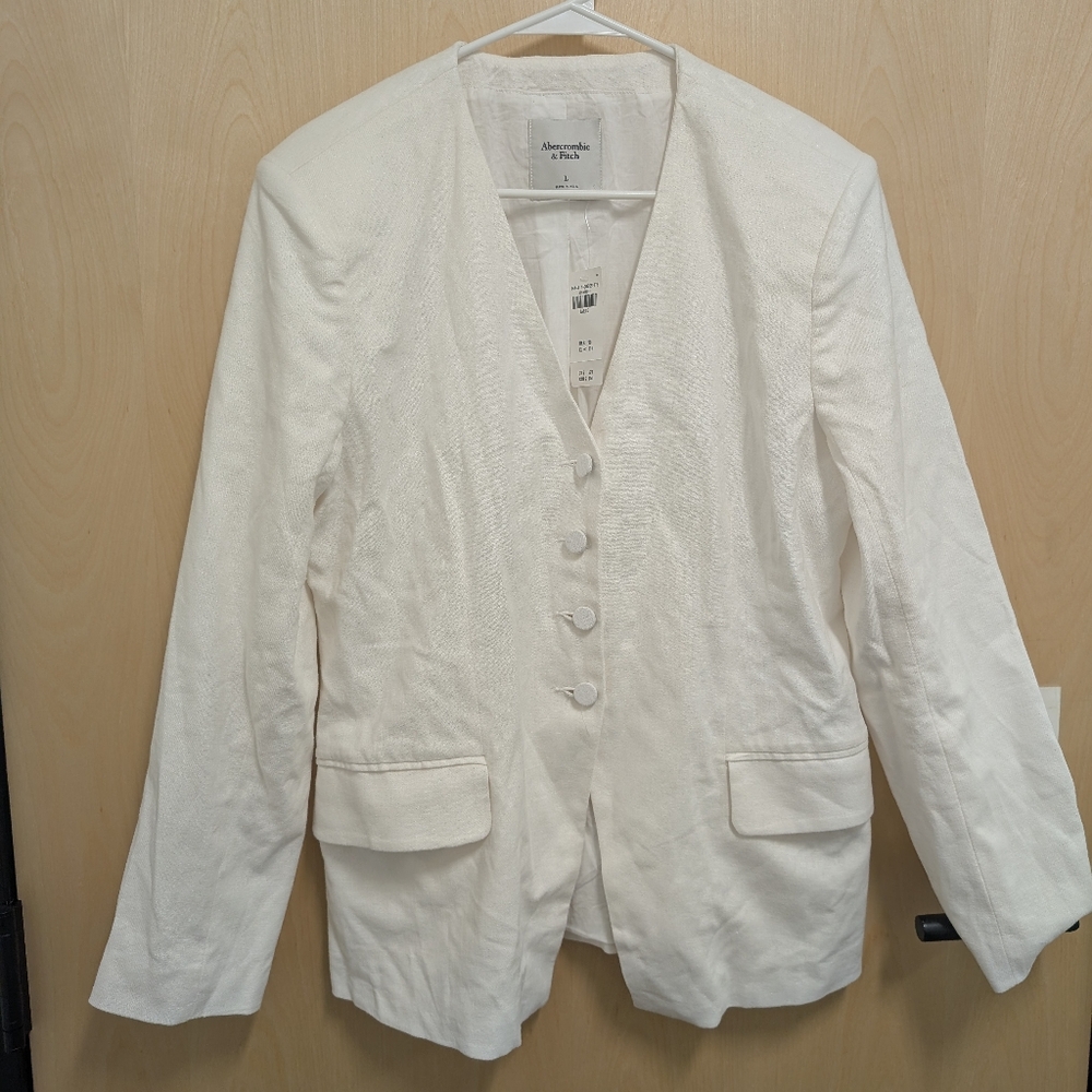 NWT Abercrombie & Fitch White Linen-Blend Collarless Blazer - Large